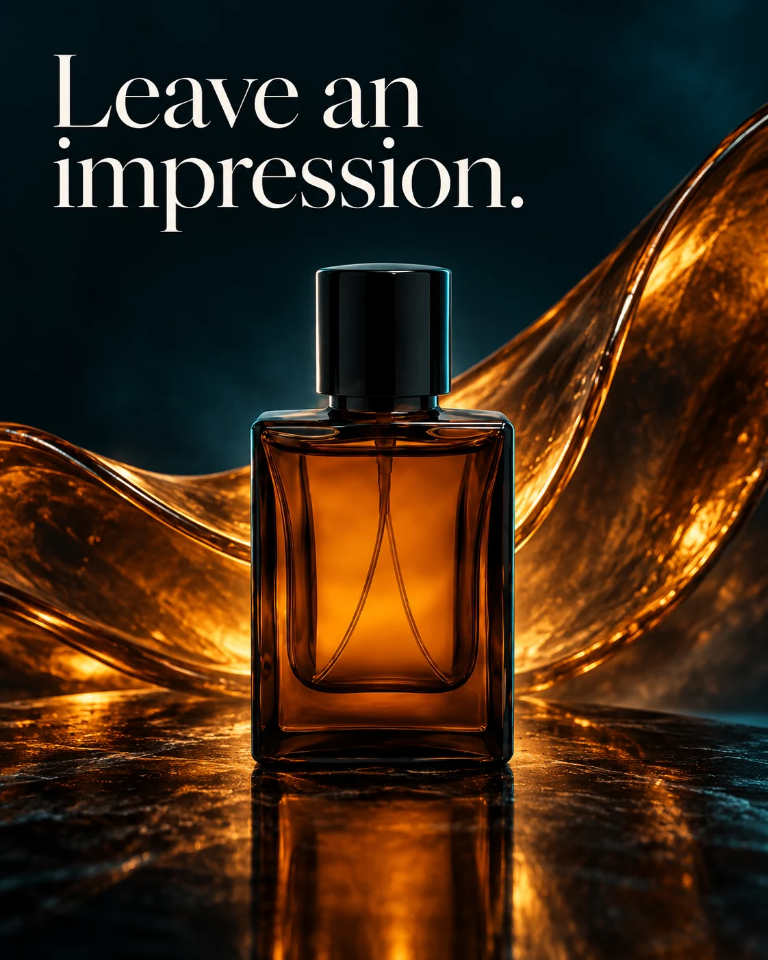 Flacon de parfum ambré sur fond bleu-vert sombre, avec des formes en verre ambré et l’accroche anglaise « Leave an impression »
