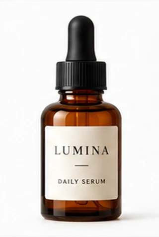 Foto de producto: Frasco cuentagotas de vidrio ámbar de Lumina Daily Serum sobre fondo blanco