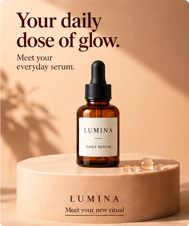 Anuncio clonado: Sérum ámbar Lumina en el mismo pedestal de travertino con iluminación coordinada y titular adaptado
