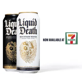 Publicité commerciale minimaliste et percutante Liquid Death, active depuis 1957 jours