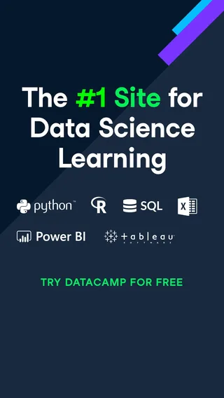 Publicité verticale mettant en avant l’expertise de DataCamp en formation aux outils de données, diffusée depuis 1909 jours