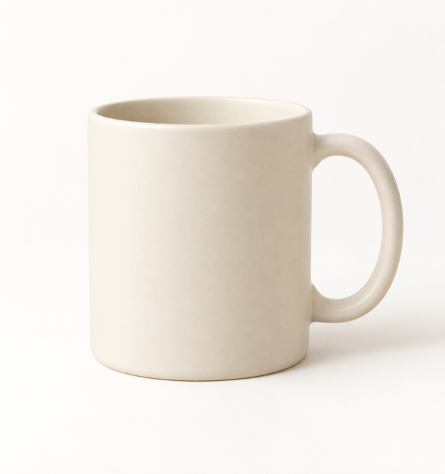 Mug fictif dans une étude de composition aux tons neutres chauds